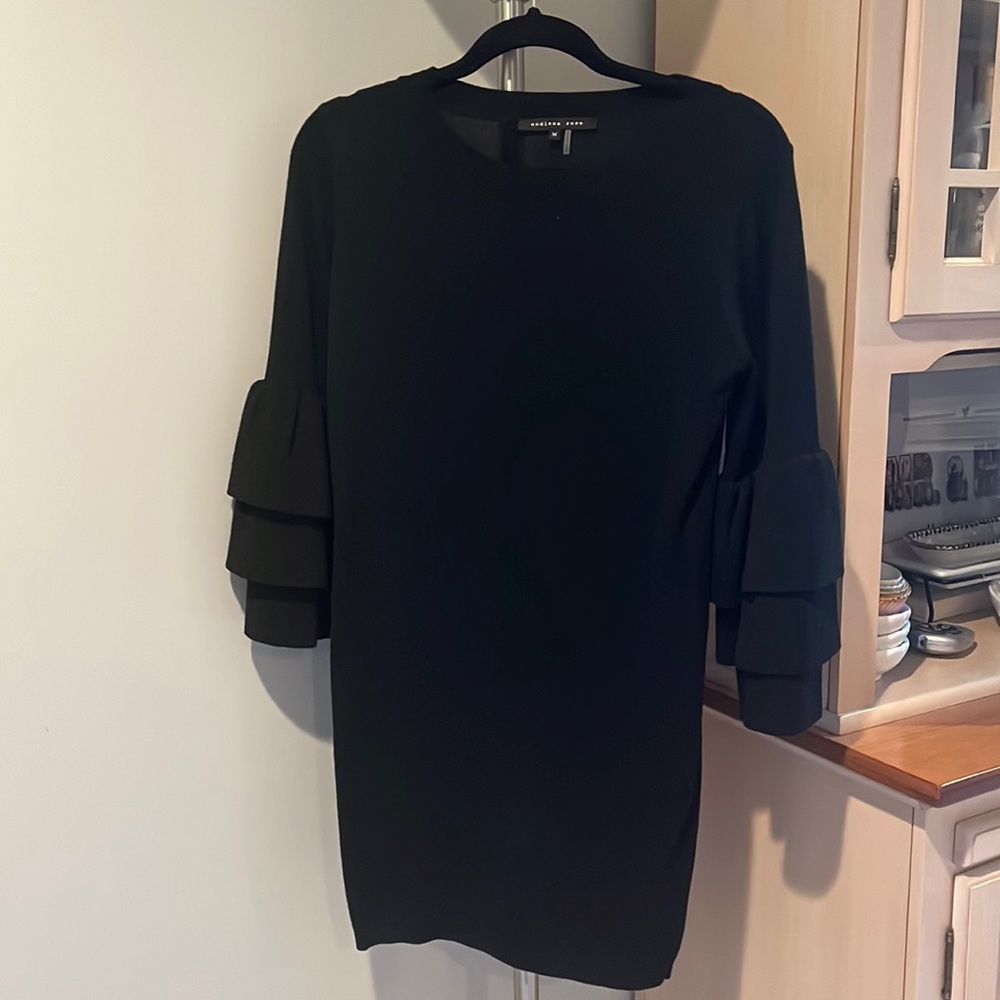 Black Knit Sweater Dress with Ruffle Sleeves